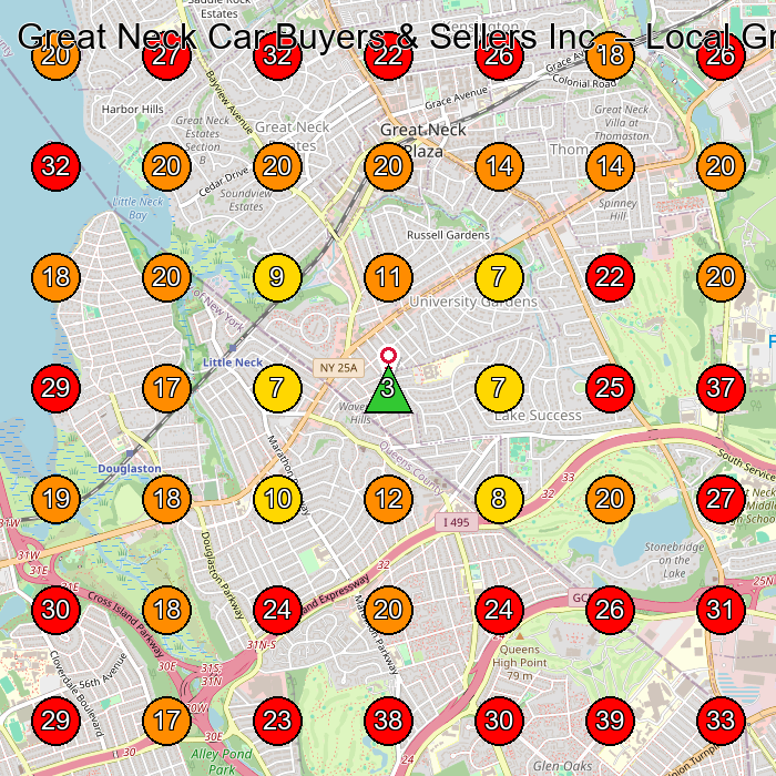 Great Neck Car Buyers & Sellers Inc. GeoGrid visibility map for Used Car Dealer in Great Neck